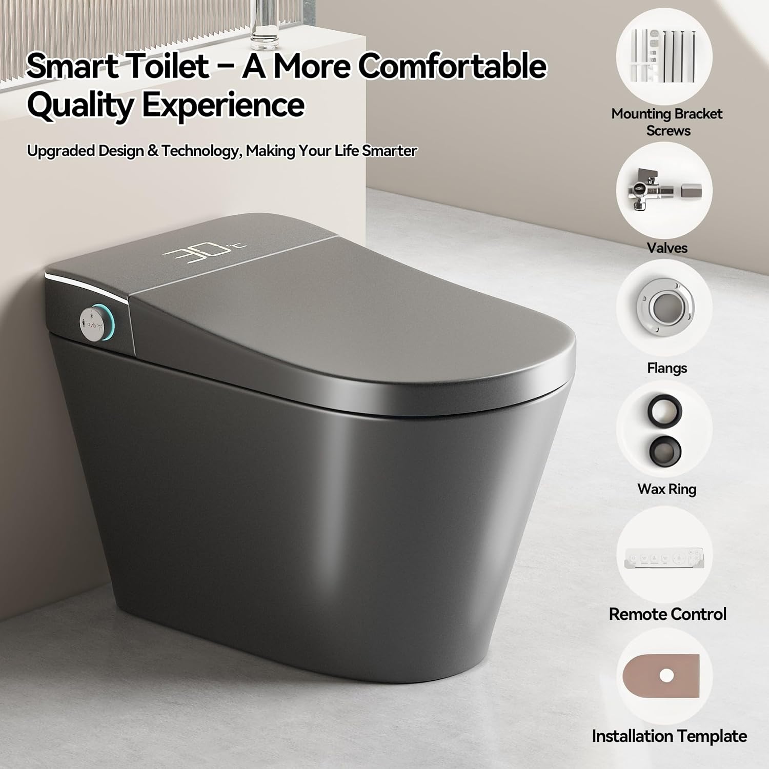 Smart Toilet,One Piece Toilet with Bidet Built In,Dryer & Warm Water - Ceramic Toilet with Sensing Distance, Auto Open/Close Seat,Grey