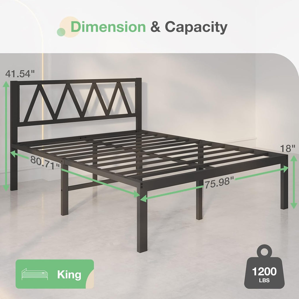 Novilla 18 Inch King Size Bed Frame with Headboard, Metal Platform Bed Frame, King Bed Frame No Box Spring Needed, Easy Assembly, Black