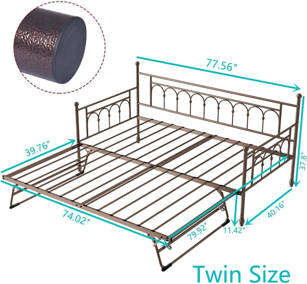 Metal Twin Daybed with Trundle, Stylish Day Bed with Trundle Bed Twin, Versatile Daybeds and Fold-Up Trundle Set for Guest Room, Home Office Twin Trundle Bed Frame,Bronze