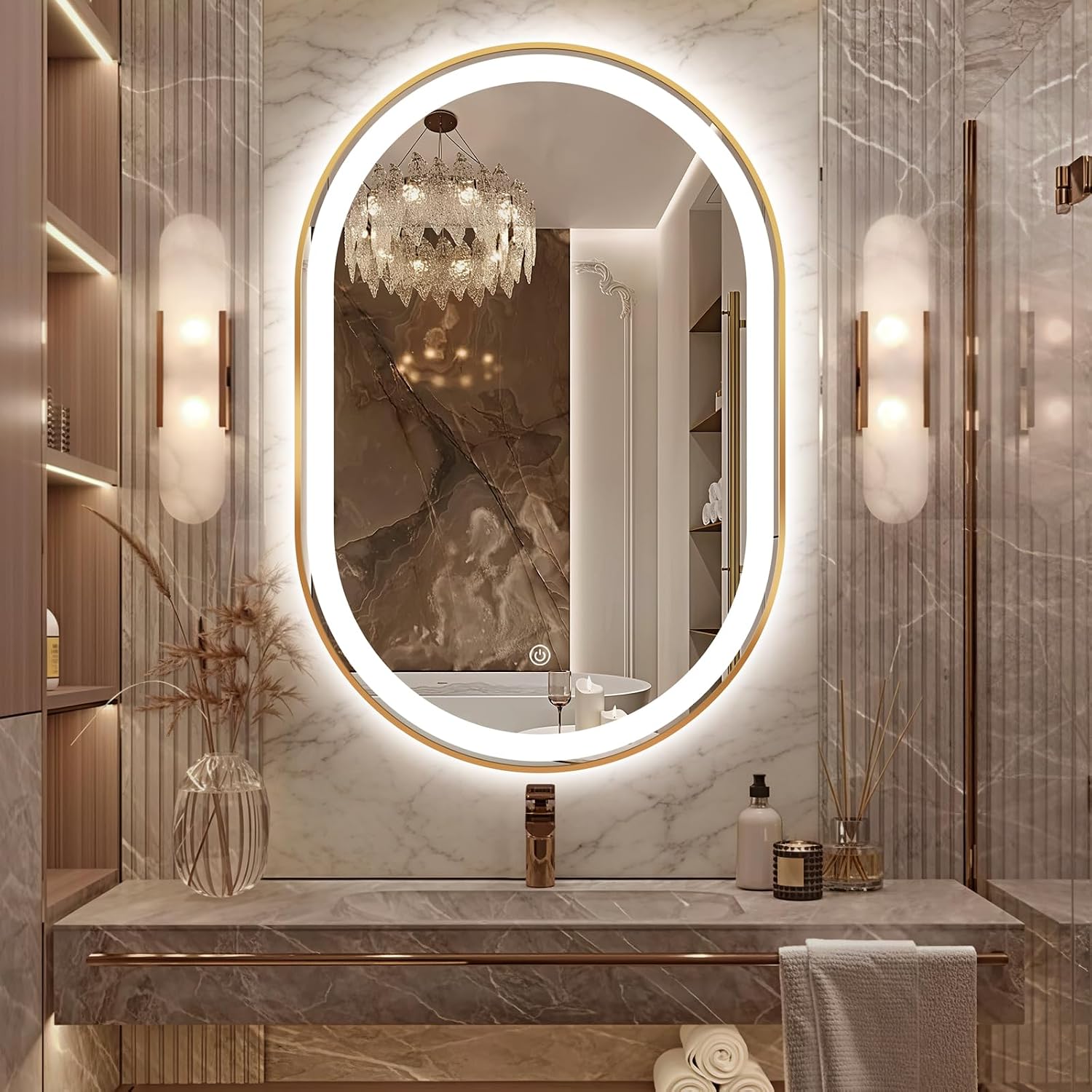 Oval LED Bathroom Mirror, 36'x24' Backlit Vanity Mirror with Light for Wall with Gold Frame, Anti-Fog, Dimmable, Frontlit, 3 Colors, Memory Function, IP65 Waterproof, UL Listed, Horizontal/Vertical