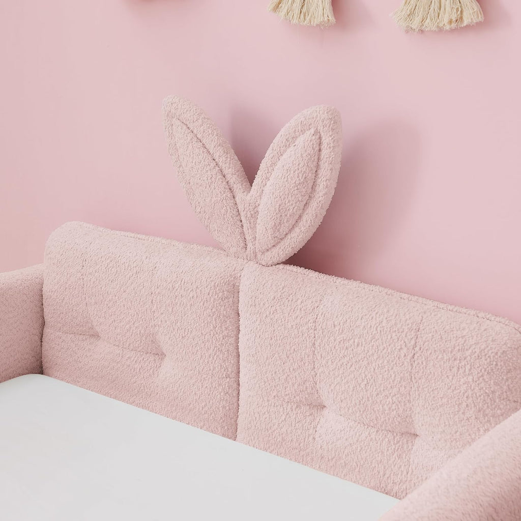 Twin Size Upholstered Platform Bed with Safety Guardrail and Cute Rabbit Ear Shaped Headboard, Boucle Fabric Montessori Kids Bed with Pocket and Sturdy Slats Support (Pink-7.24)