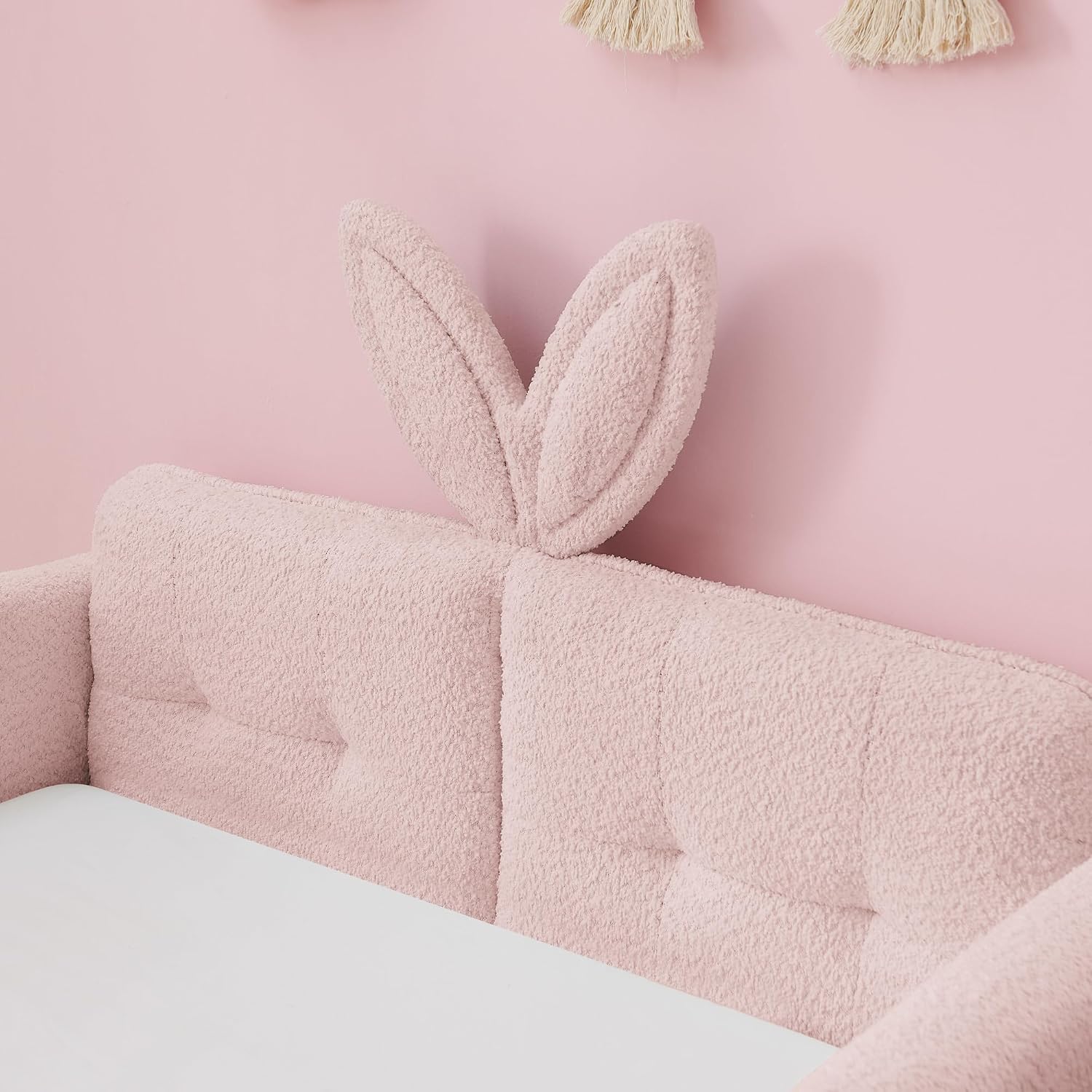 Twin Size Upholstered Platform Bed with Safety Guardrail and Cute Rabbit Ear Shaped Headboard, Boucle Fabric Montessori Kids Bed with Pocket and Sturdy Slats Support (Pink-7.24)
