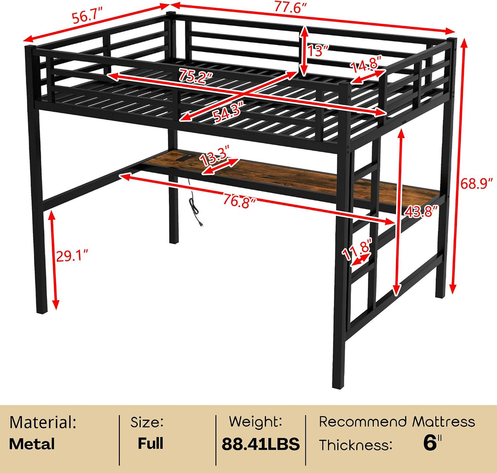 Bellemave Full Loft Bed with Desk, Metal Loft Bed Frame with Ladder, LED Lights and Power Outlet for Kids, Boys, Girls, No Spring Box Needed, Black