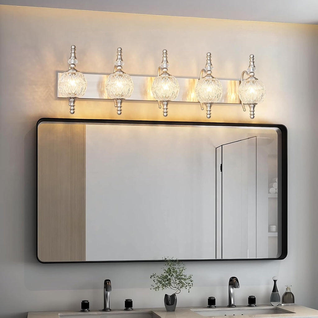 Modern Crystal Bathroom Vanity Lights Fixtures Over Mirror Brushed Nickel Vintage 5-Lights 36 Inch Bathroom Light Fixtures Glass Crystal Vanity Lights