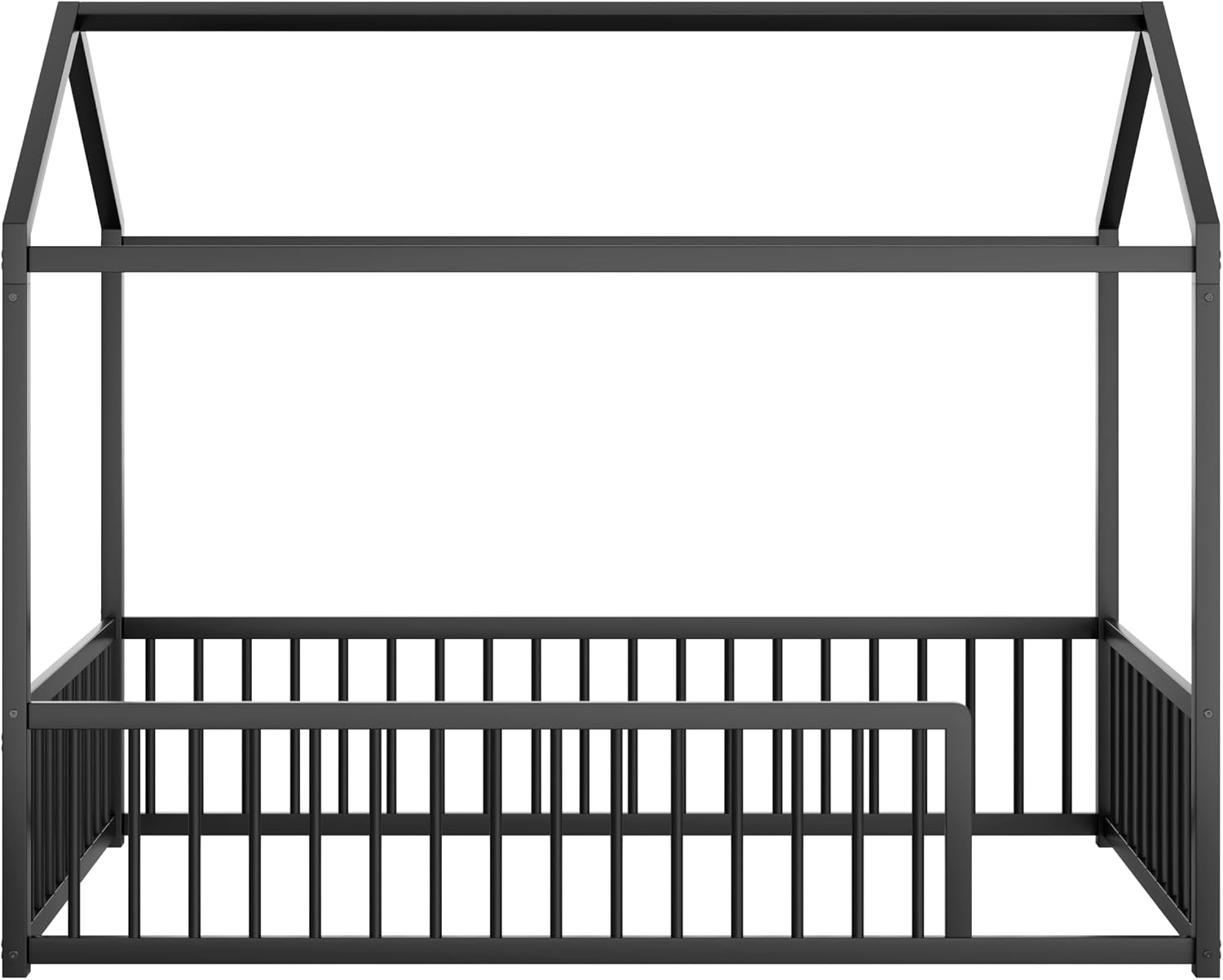 House Shape Twin Size Montessori House Bed Metal Floor Bed Twin Bedframe No Box Spring Needed, Black