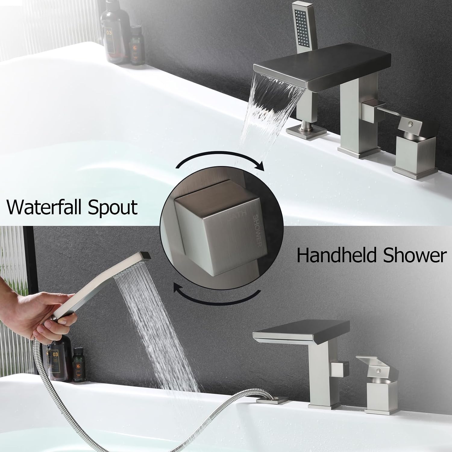 Waterfall Roman Tub Faucet with Hand Shower, Deck Mount Tub Filler Bathtub Faucet with Sprayer, Brass Widespread 3 Hole Bathtub Shower Faucet Set, Brushed Nickel