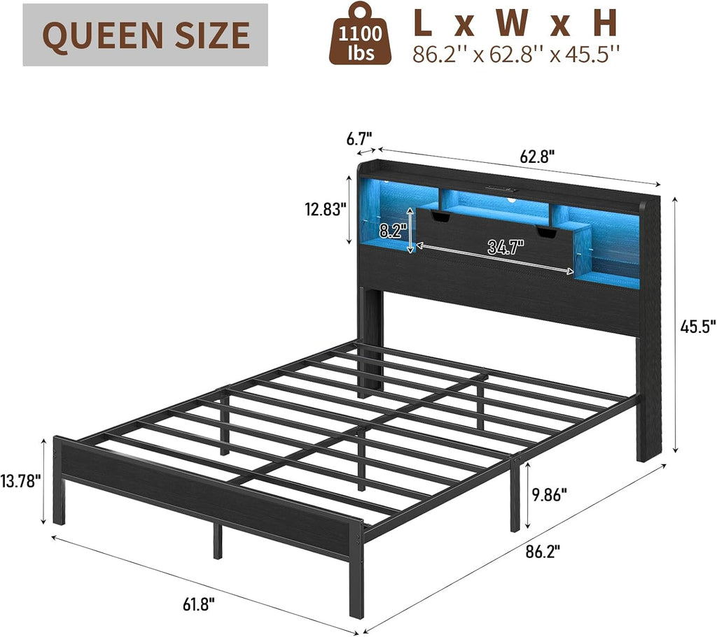 Queen Size Bed Frame with RGB LED Lights & Charging Station, Heavy-Duty Metal Platform Bed with Wood Storage Headboard for Teens & Adults, No Box Spring Needed, Noise-Free, Black