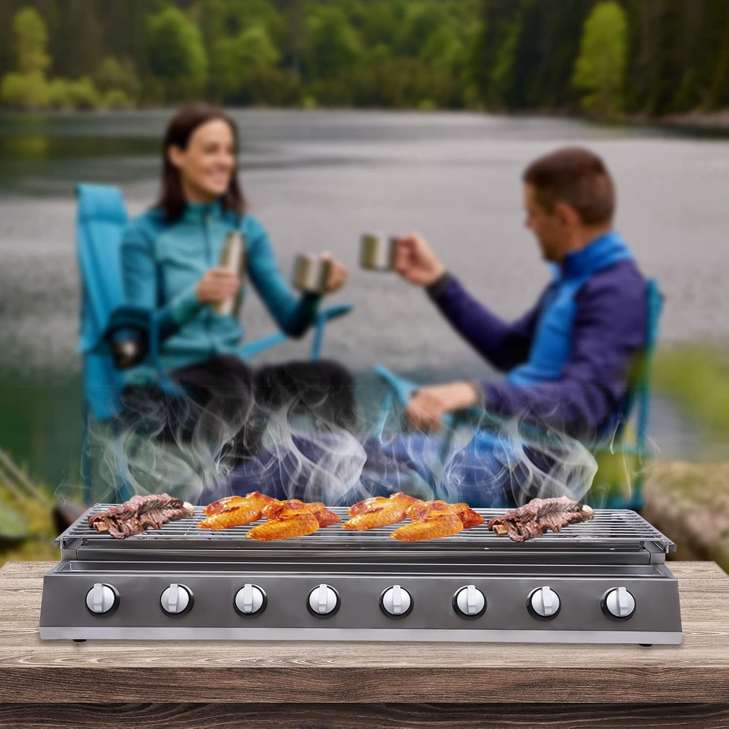8 Burners Gas BBQ Grill,Stainless Steel Patio Garden Barbecue Grill with Adjustable Height, Flat Top Gas Grill,Countertop Flat Top Griddle for Outdoor Cooking Camping BBQ
