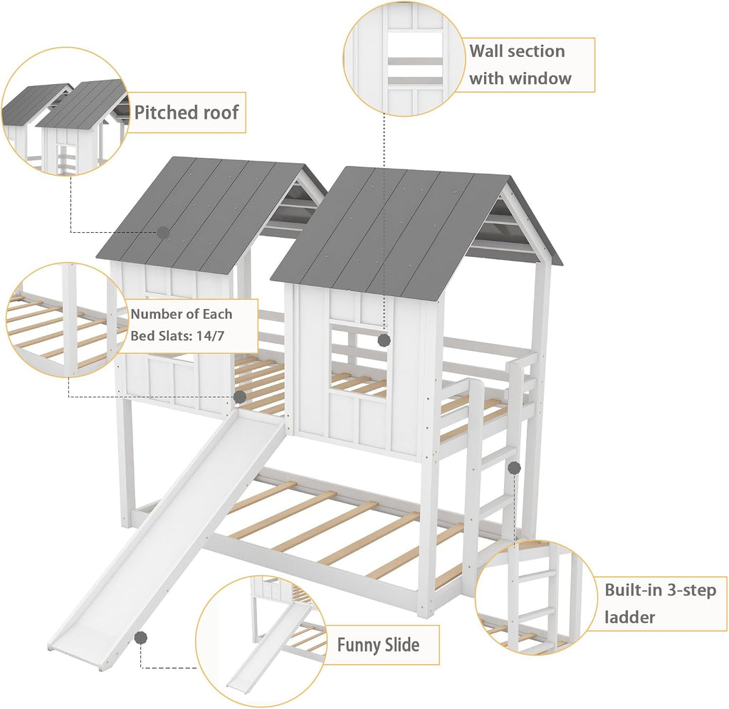 Polibi Slide Wooden Bunk Bed with Windows, Ladder, Guardrails and Twin Size in White