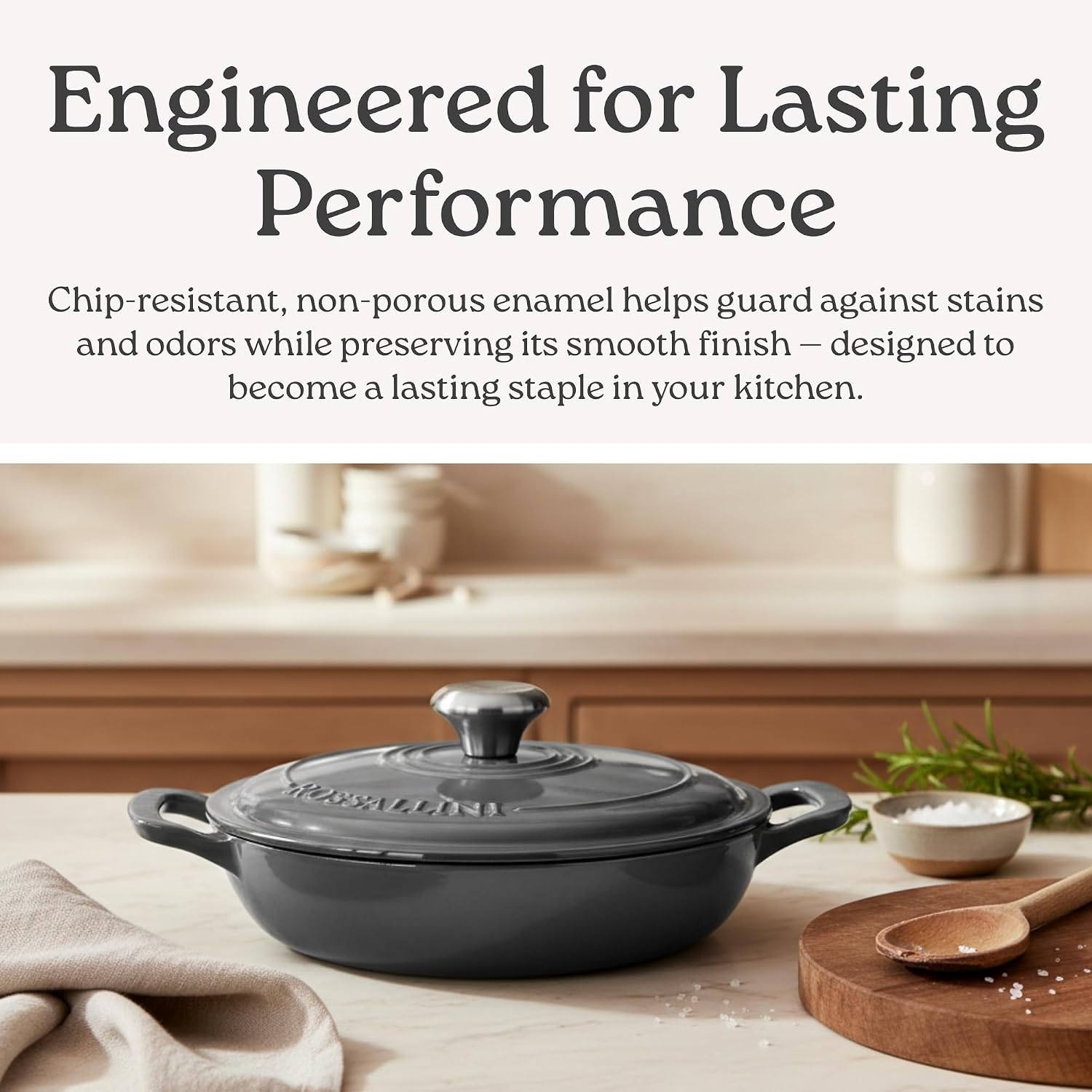 ROSSALLINI Signature Enameled Cast Iron Braiser, Non-Stick Serving Pot with Tight Fitting Lid for Perfect Roasting, Baking, Sauteing, Searing, and Pan Frying | 2.25Q (2.1L) - White