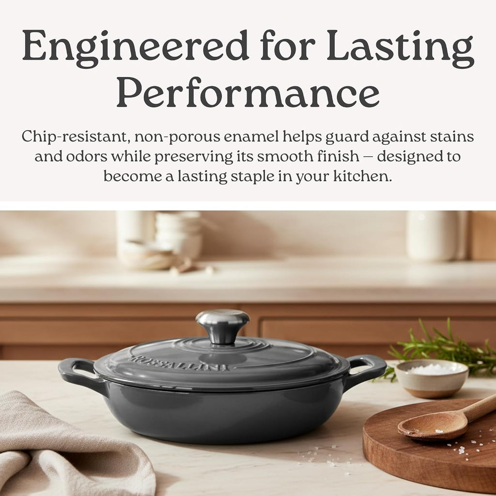 ROSSALLINI Signature Enameled Cast Iron Braiser, Non-Stick Serving Pot with Tight Fitting Lid for Perfect Roasting, Baking, Sauteing, Searing, and Pan Frying | 5Q (4.7L) - Ocean Blue