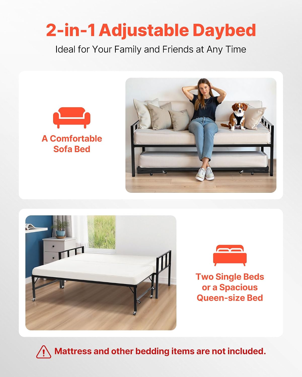 VEVOR Twin Size Daybed Frame, Day Bed with Trundle, Heavy Duty Metal Platform Bed Frame, Twin Daybed with Metal Slats Support for Living Room, Bedroom, Guest Room, Easy Assembly, Black