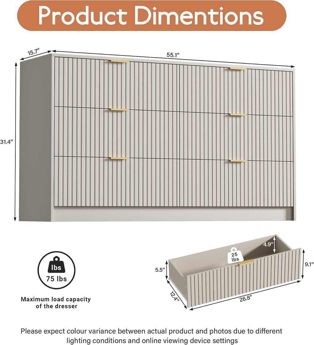 Furniway Beige Dresser Bedroom Set 3 Pieces, Nightstands Sets of 2, 6 Drawer Dresser with Gold Handles for Bedroom