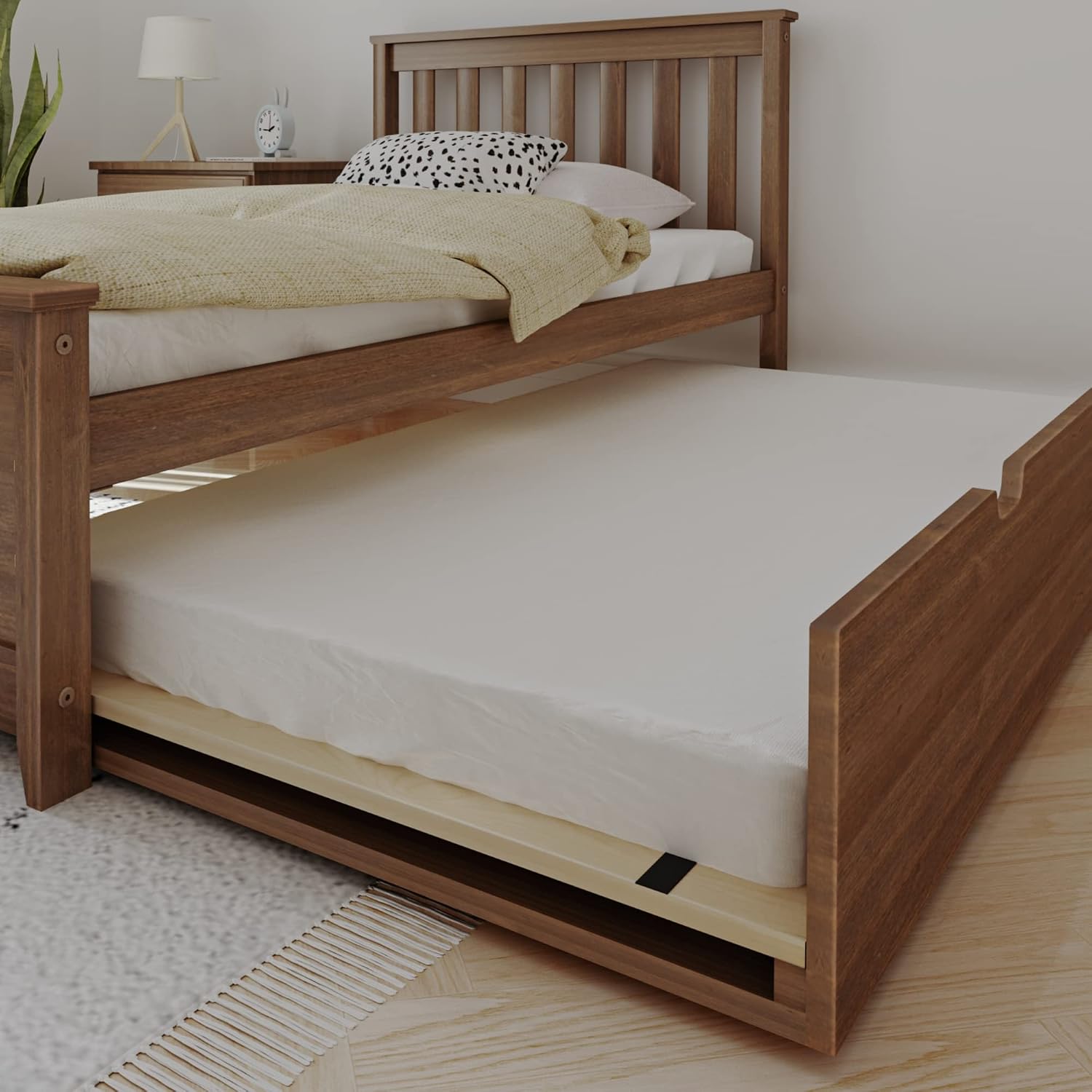 Max & Lily Classic Twin Bed, Slatted Headboard, with Trundle, Walnut