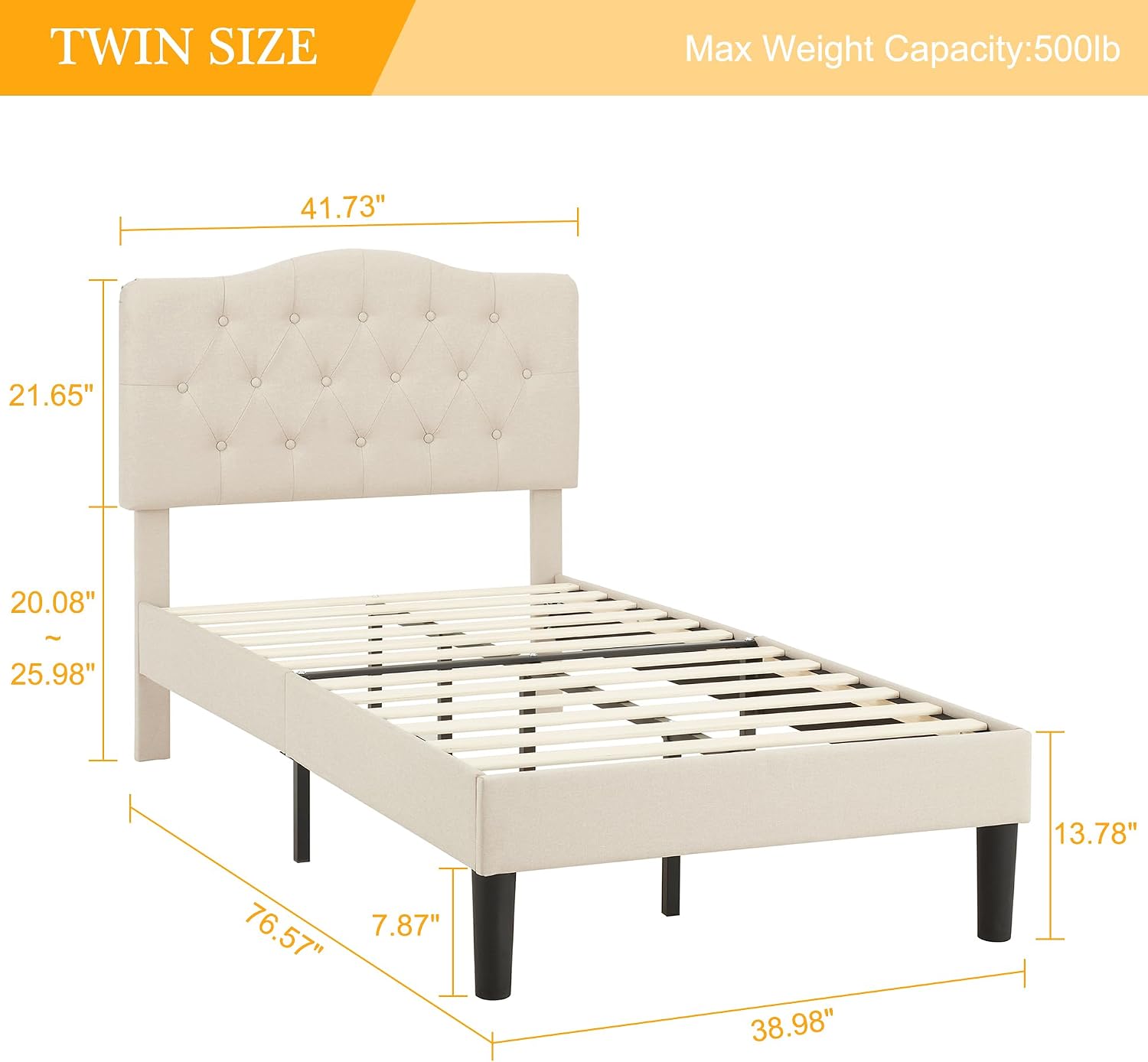 VECELO Twin Size Bed Frame Upholstered Platform with Tufted Adjustable Headboard/Mattress Foundation with Wood Slat Support, Easy Assembly,Beige