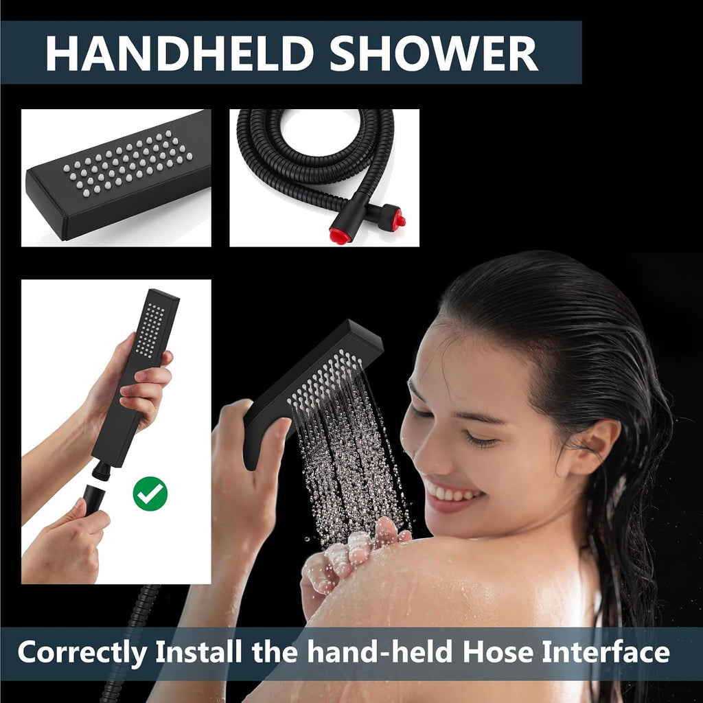 Aolemi Shower Faucet Set with Handheld Spray High Pressure Shower System Shower Faucets Sets Complete Rough-in Valve and Shower Trim Kit Wall Mount Rainfall 12 Inch LED Shower Head Matte Black