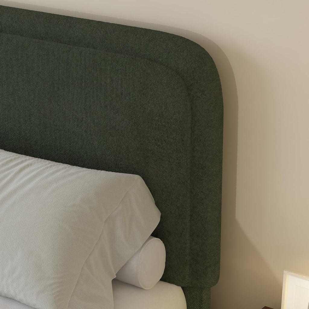 BarnFurin Full Size Bed Frame with Headboard, Boucle Upholstered Platform Bed Frame, Soft Rounded Corners, No Box Spring Required, Non-Slip and Noise-Free, Easy Assembly, Green