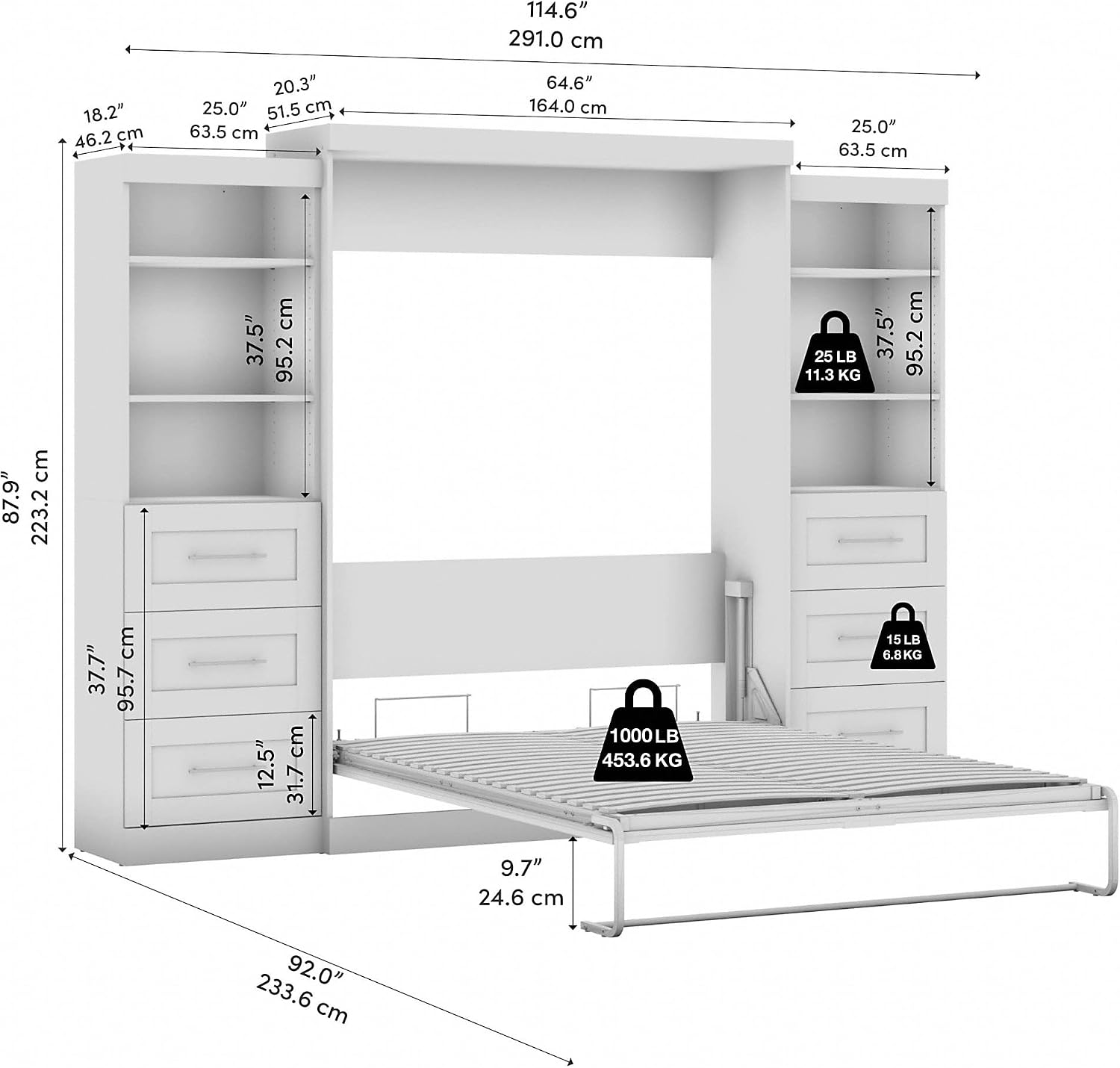 Bestar Pur Queen Murphy Bed and 2 Shelving Units with Drawers, 115-inch Space-Saving Sleeping Arrangement in Bark Grey