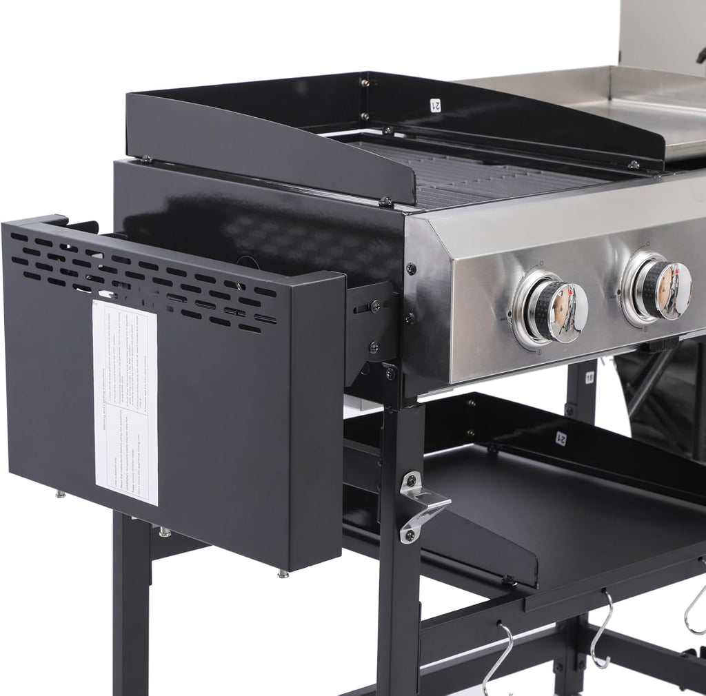 4 Burner Propane Grill and Griddle Combo 38200 BTU 2-in-1 Outdoor Cookstation with Stainless Steel Surface and Foldable Side Tables for Patio Backyard Camping