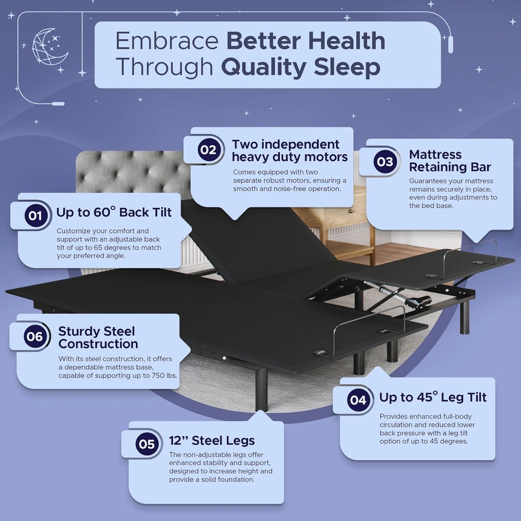 Celestial Aurora Adjustable Bed Base (Frame) + 10 inch Gel Memory Foam Mattress (Medium), Easy Assembly, Head and Foot Lift, Zero Gravity, Memory Positions, CertiPUR-US Bed - Split King