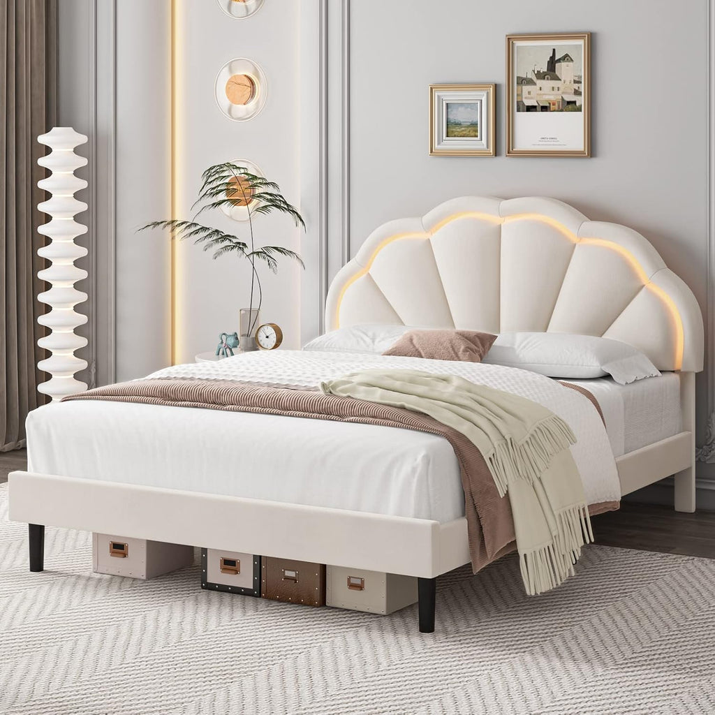 HIFIT Full Upholstered Smart LED Bed Frame with Adjustable Chic Petal Headboard, Princess Full Size Platform Bed Frames for Kids/Girls, Wooden Slats Support, No Box Spring Needed, Easy Assembly, Beige