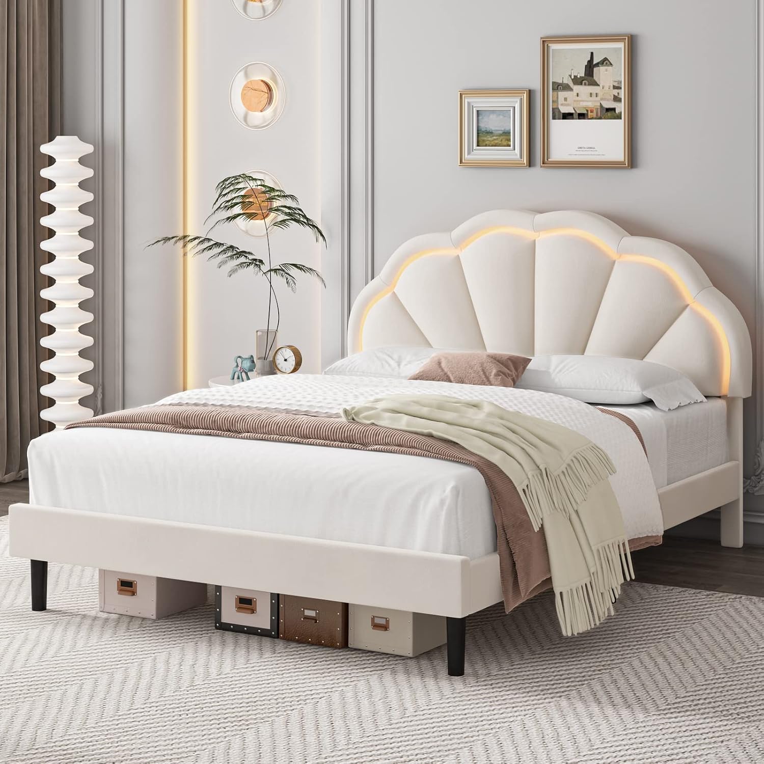HIFIT Full Upholstered Smart LED Bed Frame with Adjustable Chic Petal Headboard, Princess Full Size Platform Bed Frames for Kids/Girls, Wooden Slats Support, No Box Spring Needed, Easy Assembly, Beige