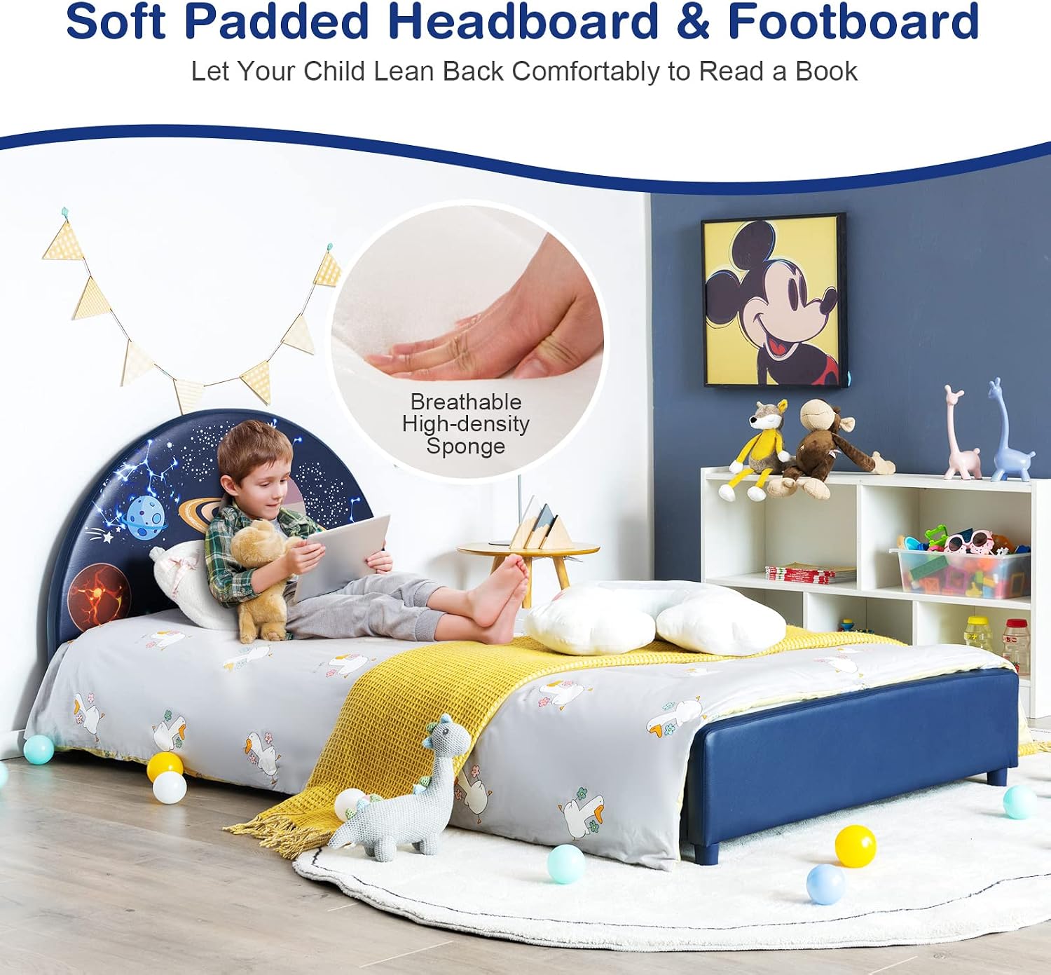 Costzon Twin Bed Frames for Kids, Wood Upholstered Twin Bed Platform with Slat Support, Padded Headboard&Footboard, No Box Spring Needed, Easy Assembly, Fits Standard Twin Mattress (Planet)
