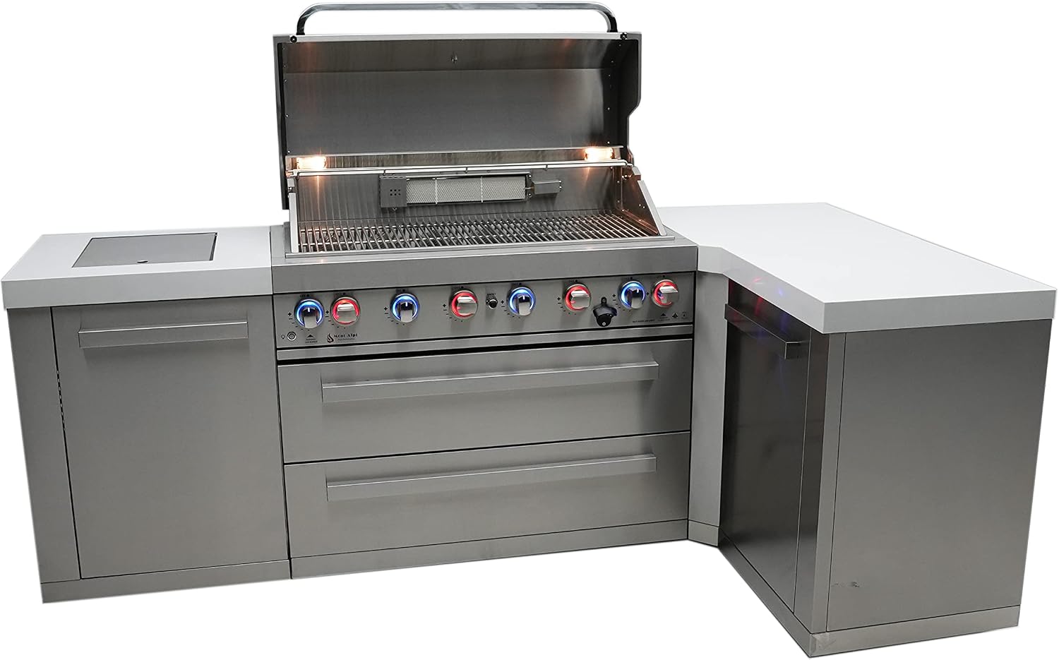 Mont Alpi 94'W x 50'D x 46'H Premium Stainless Steel L-shaped Modular Outdoor Kitchen Island with Infrared Side Burner + 44'W 6-Burner BBQ Gas Grill + Granite Countertops + Storage Cabinets + Drawers