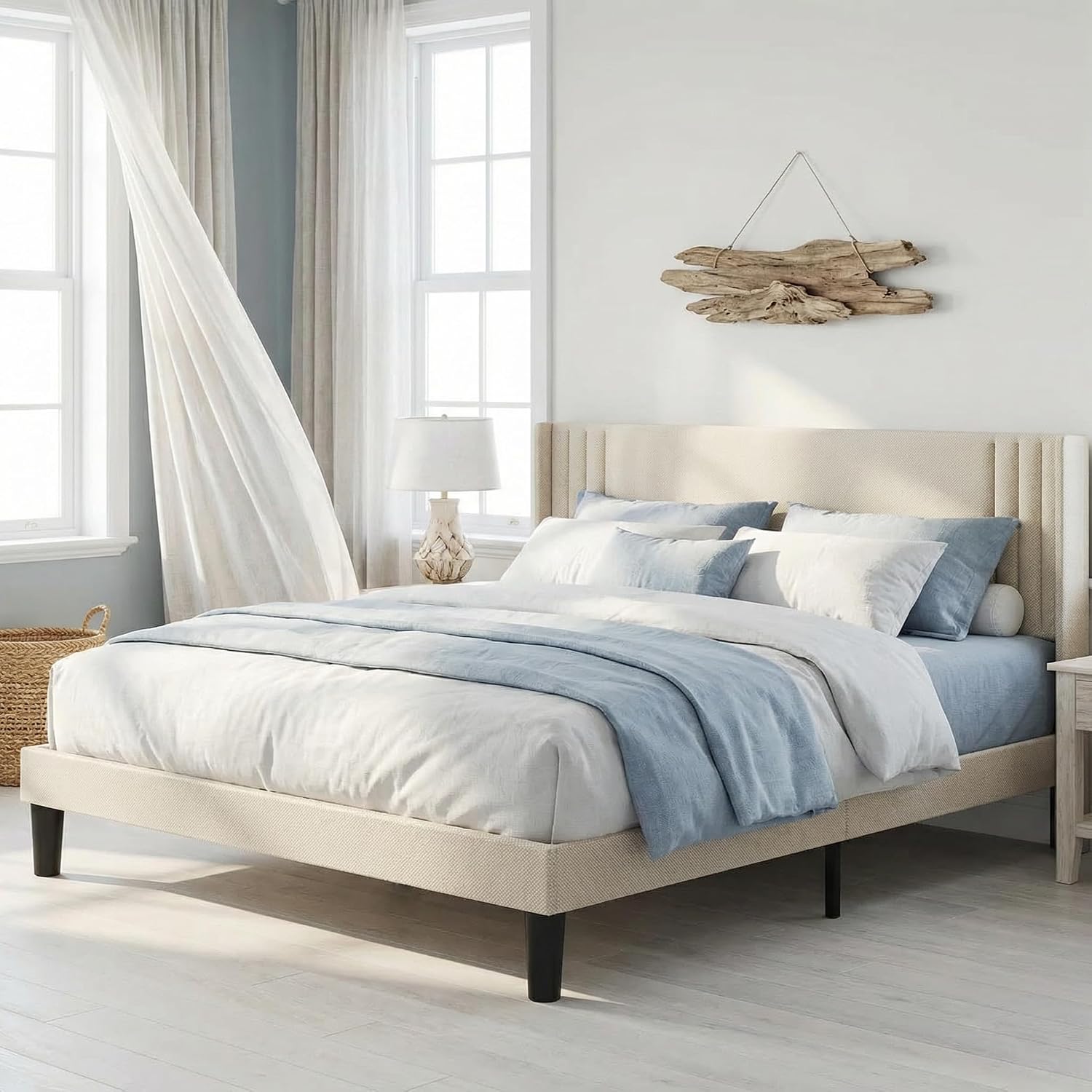 Gizoon Queen Bed Frame with Wingback Headboard, Upholstered Platform Bed, Wooden Slats, Noise-Free, No Box Spring Needed, Easy Assembly