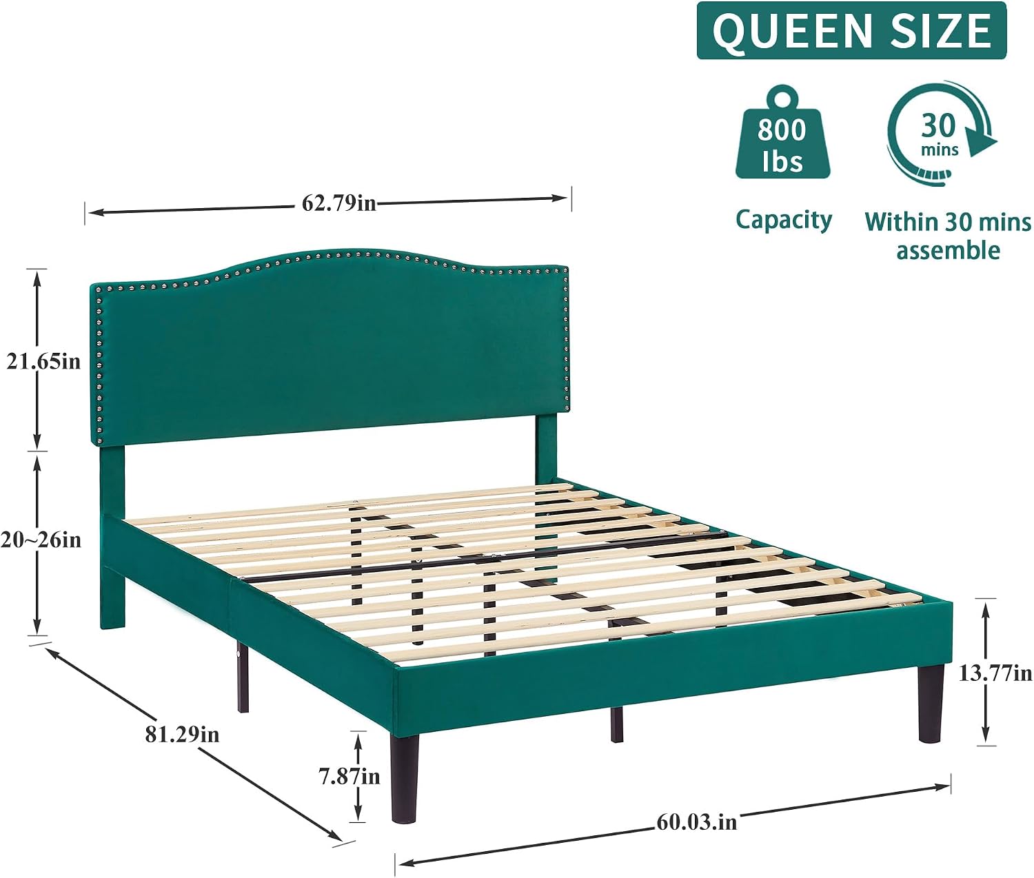 VECELO Queen Bed Frame, Platform Bed Frame with Adjustable Height Upholstered Headboard, Heavy-Duty Frames and Strong Wooden Slats Support, Non-Slip and Noise-Free, Easy Assembly, Dark Green