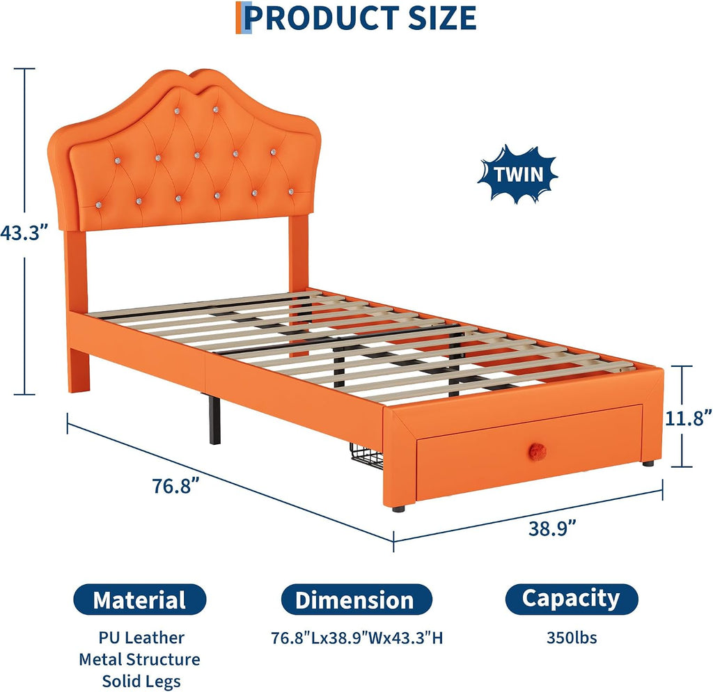 Garvee Twin Size Bed Frame with LED Lights & Velvet Crystal Button Headboard, Upholstered Boy/Girl Platform Bed with Storage Drawer, Noise Free, No Box Spring Needed for Kids, Teens, Orange