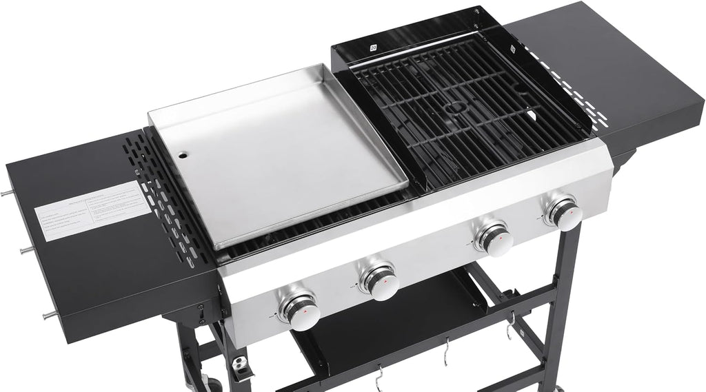 4 Burners Propane Gas Grill and Griddle Combo, 38,200 BTU, BBQ Grill with Plancha for Camping, 4 Wheels for Easy Moving, Fixed Shelf for Barbecue, Outdoor Patio Backyard Party, Stainless Steel Panel