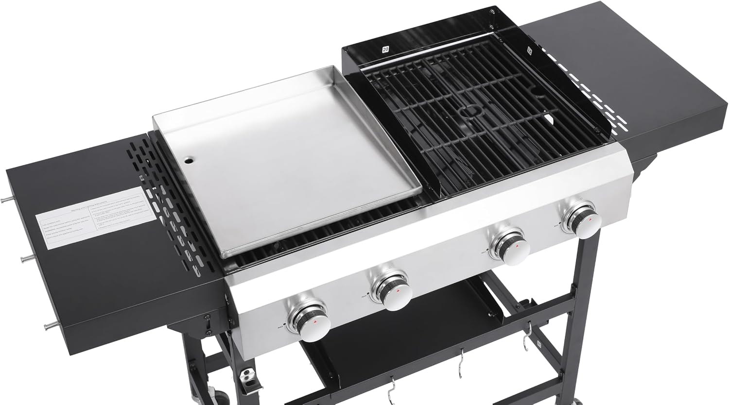 4 Burners Propane Gas Grill and Griddle Combo, 38,200 BTU, BBQ Grill with Plancha for Camping, 4 Wheels for Easy Moving, Fixed Shelf for Barbecue, Outdoor Patio Backyard Party, Stainless Steel Panel