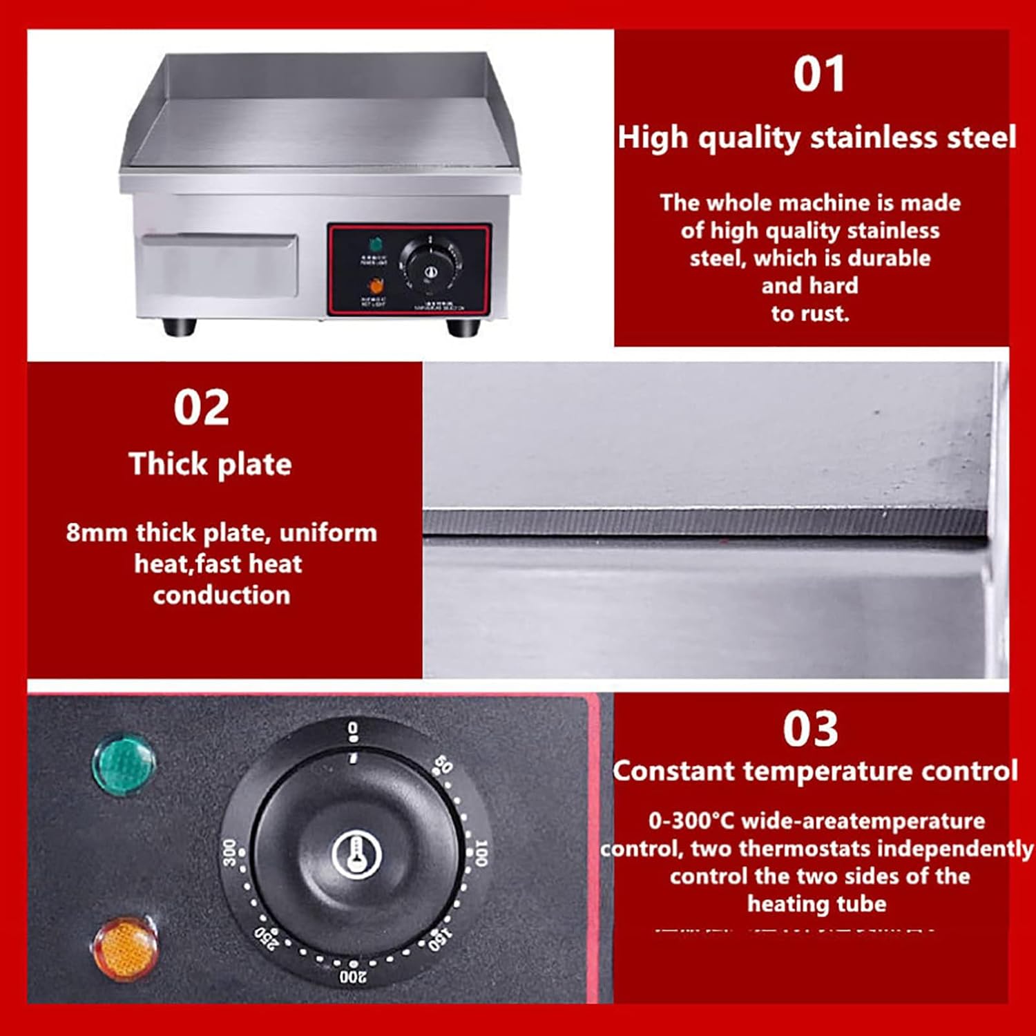 1500W Commercial Electric Countertop Griddle, Countertop Stainless Steel Grills Hotplate Flat Top Kitchen Grill, Adjustable Temperature Control, Electric Griddle for Restaurant & Home