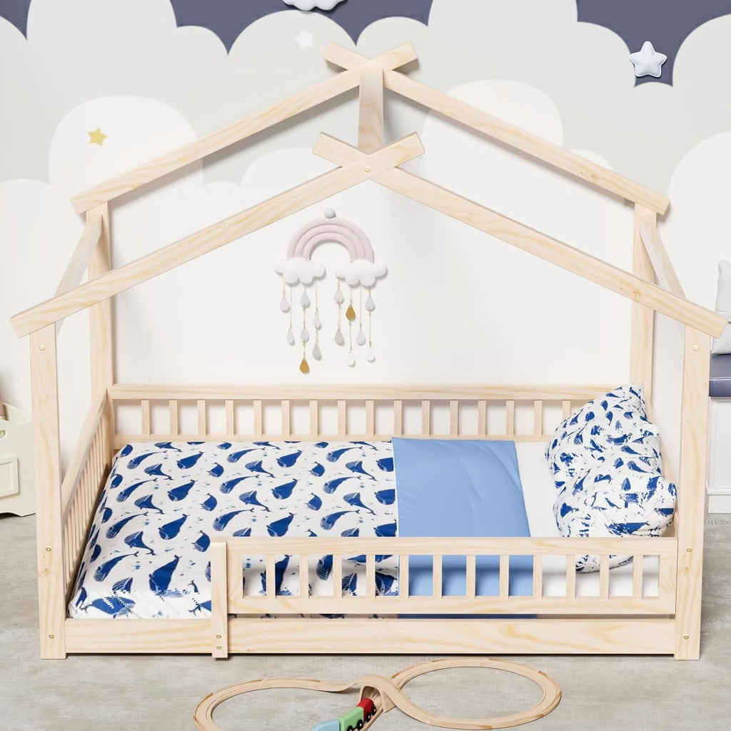 LLS Queen House Floor Bed Frame with Fence, Wooden Montessori Playhouse Bed with Slats Support for Boys Girls, Natural