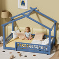 LLS Twin House Floor Bed Frame with Fence, Wooden Montessori Bed with Slats Support for Boys Girls, Mist Blue