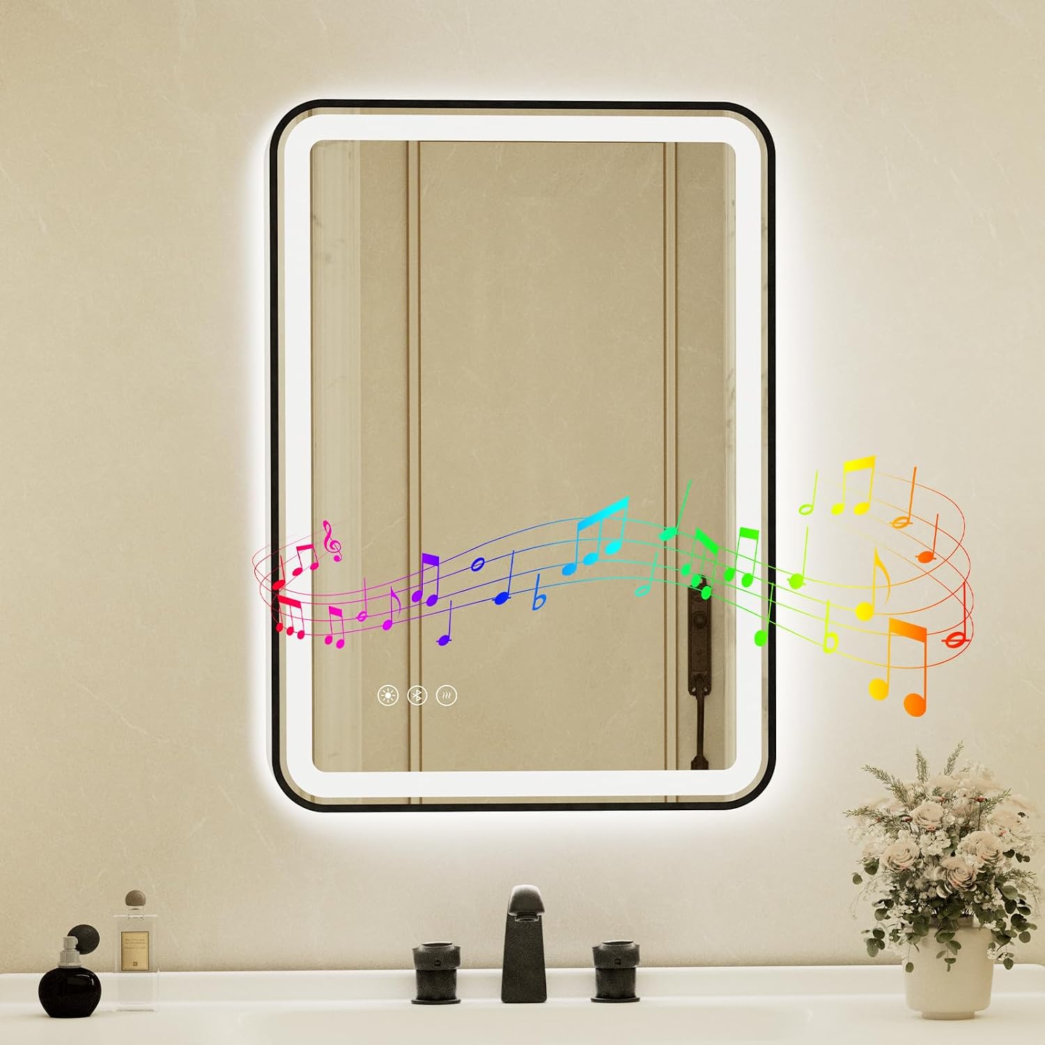 20x28 Inch Black Framed LED Bathroom Mirror with Lights, Built-in Bluetooth Speaker, Dimmable Lighted Bathroom Vanity Mirror with 3 Colors, Backlit + Frontlit, Memory, Anti-Fog