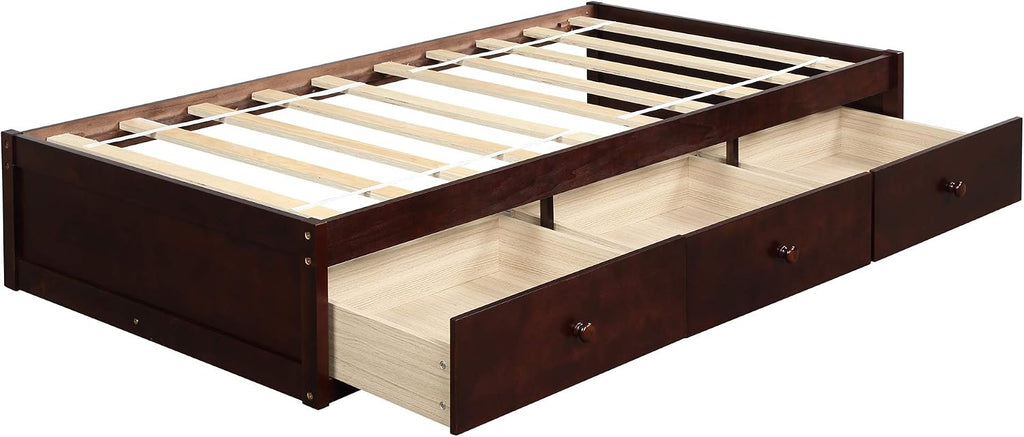 SOFTSEA Twin Size Storage Bed with Storage Drawers, No Box Spring Needed (Cherry)