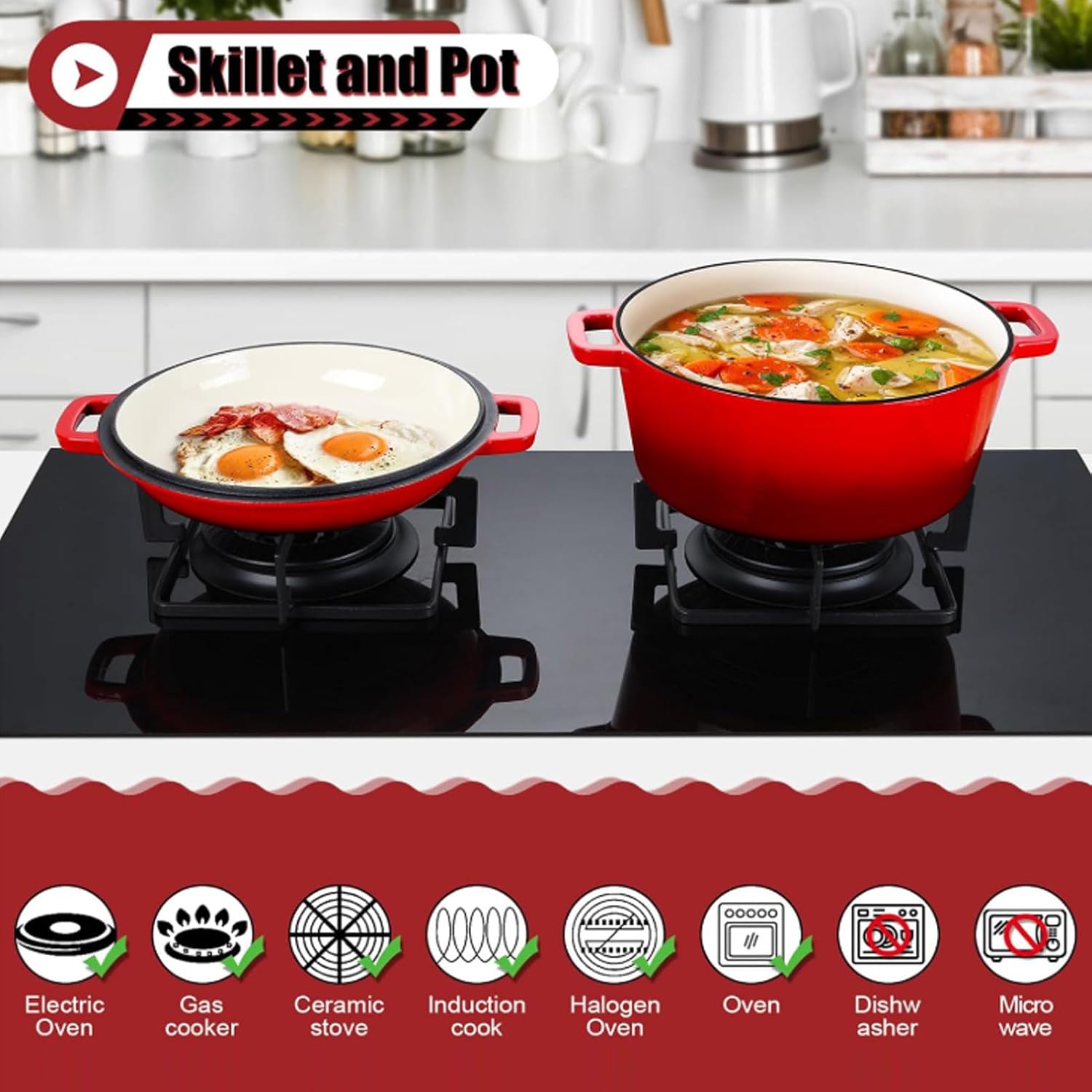 AYNEFY AYNEFY Cast Iron Braiser Pot 5QT Cast Iron Oven 2 in 1 Round Pot for Home Kitchen Braising Stewing Frying Baking Simmering Uniform Heat Distribution Kitchen Tools