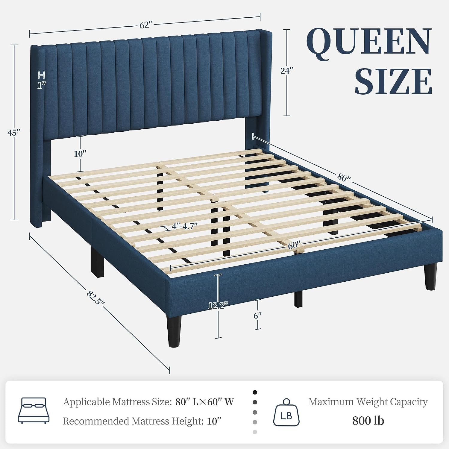 Yaheetech Queen Bed Frame Upholstered Platform Bed with Fabric Headboard, Wing Edge Design/Non-Slip and Noise-Free/Wooden Slats Support/No Box Spring Needed/Easy Assembly, Navy Blue Queen Bed