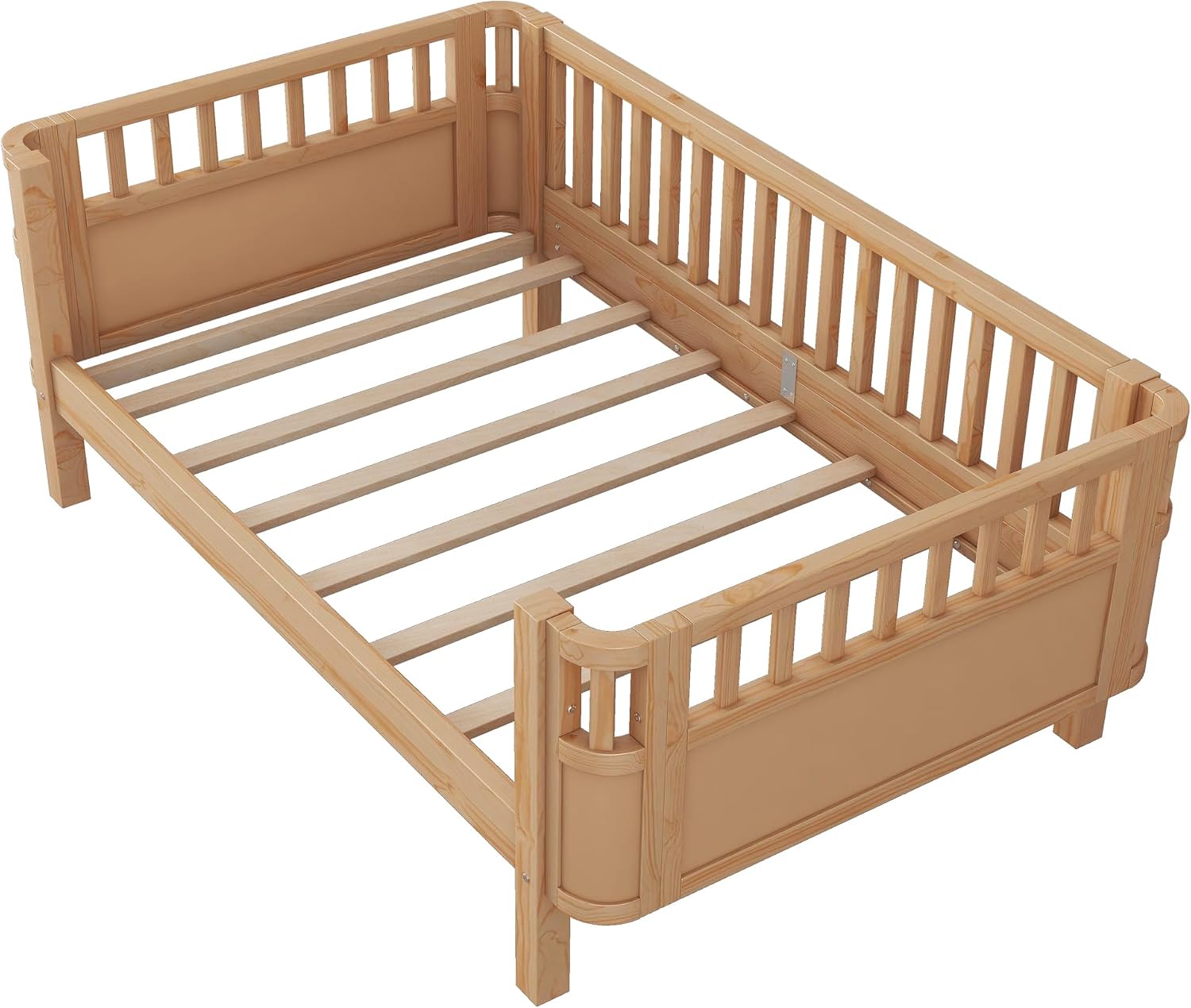 Harper & Bright Designs Twin Size Low Platform Bed Frame, Daybed with Fence and Drawers, Low Profile Bed for Kids Bed Room, Natural