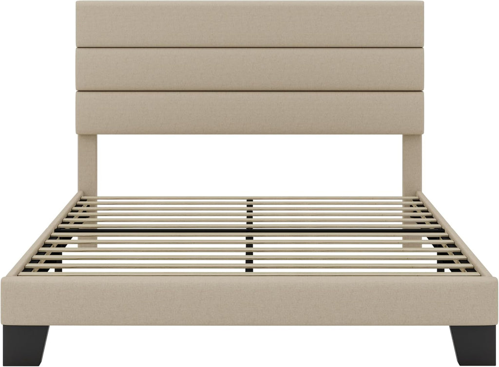 SHA CERLIN Queen Platform Bed Frame with Upholstered Fabric Headboard, Mattress Foundation with Strong Wooden Slats Support, No Box Spring Needed, Beige