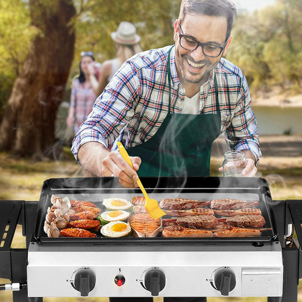 Flat Top Grill with Ceramic Coated Pan, 3 Burner Propane Griddle Station with Rear Grease Management, 30,000 BTU Gas Griddle with 2 Shelves for Outdoor Cooking, Backyard