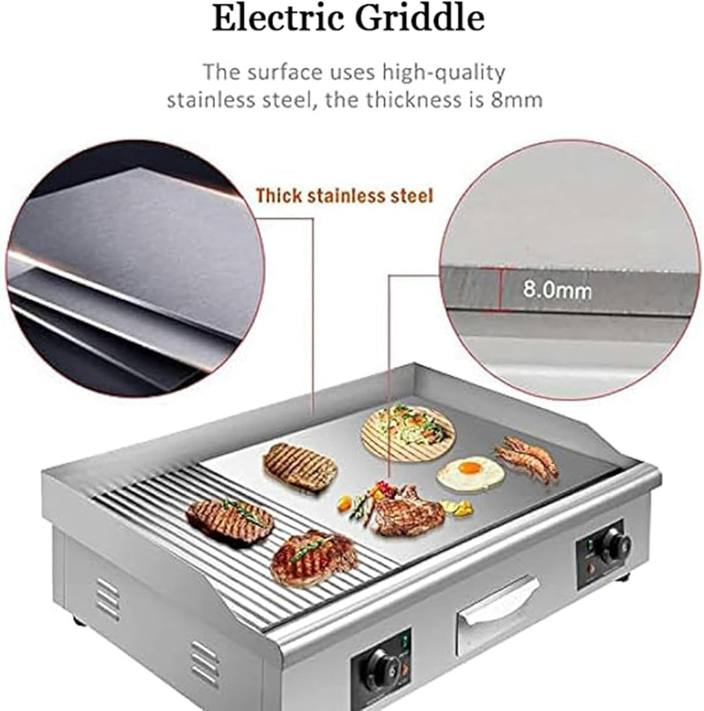 29'' Commercial Electric Griddle,Electric Countertop Flat Top Griddle Half Grooved/Flat, Teppanyaki Stainless Steel Grill,Temperature Control 122°F-572°F.