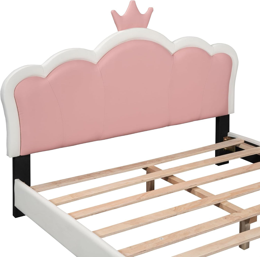 Merax Kid Full Upholstered Day Bed Frame with Crown Headboard, Wood Princess Low Platform Bed for Boys Girls,Easy Assemble White+Pink