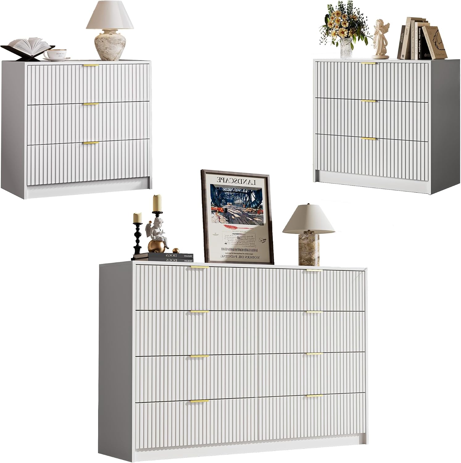 MAISONARIA 3-Piece Dresser Bedroom Set, 8 Drawer Dresser & 3 Drawer Nightstands with Gold Handles, Fluted Wood Chest of Drawers for Bedroom, Living Room, Entryway, White