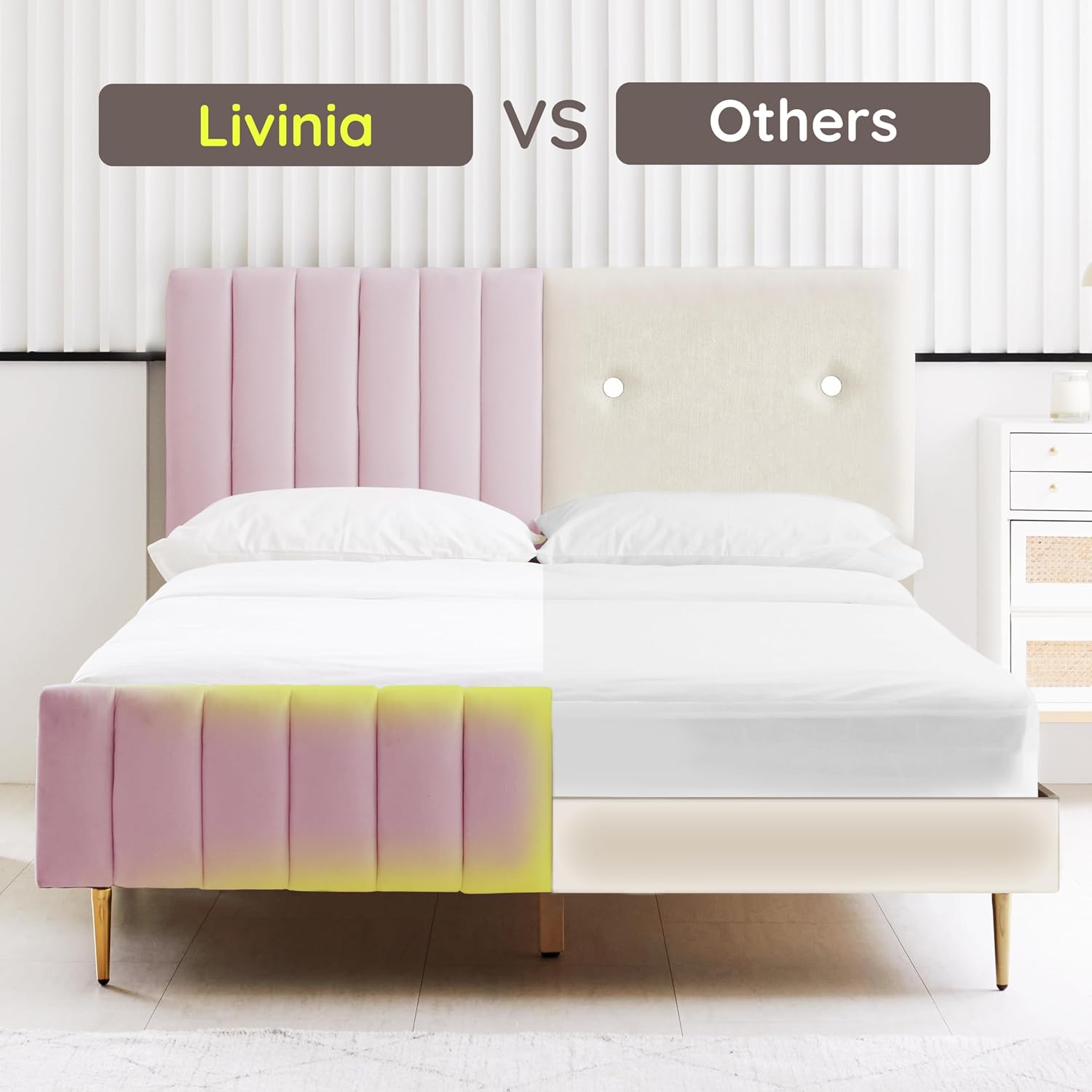 Livinia Twin Size Elton Velvet Platform Bed Set, Upholstered Bed Frame with Vertical Channel Tufted Headboard Footboard with Side Panel Nightstand, No Box Spring Needed, Pink (Twin)