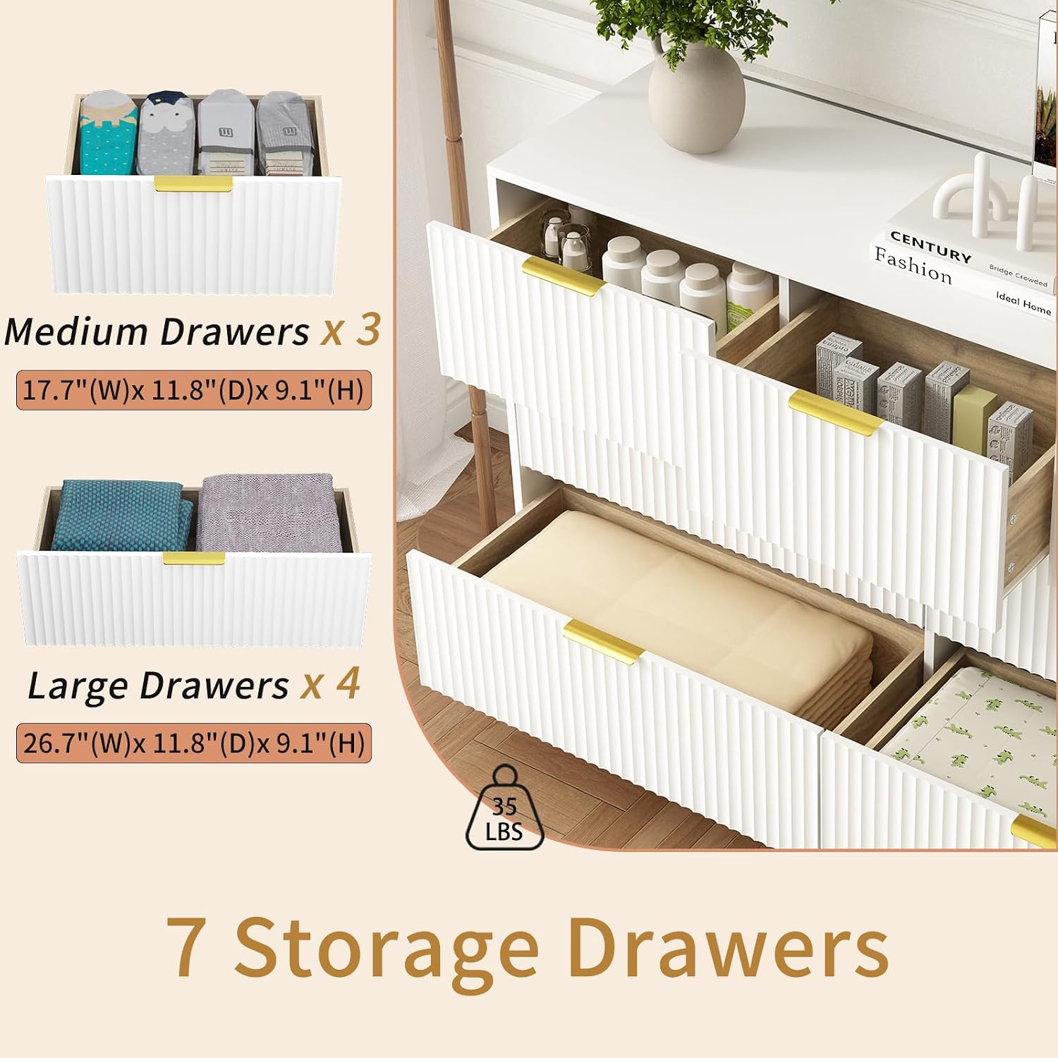 7 Drawer Dresser and Nightstand Sets for Bedroom, 3 Pcs Bedroom Set，Night Stand Set of 2 & 7 Drawer Dresser with Gold Handles, Modern Wood Chest of Drawers Storage Cabinet Set, White