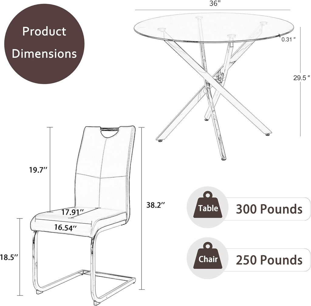RGZ 3 Pieces Modern Round Kitchen Set, Clear Circle Glass Dining Table with Light Grey PU Faux Leather Chairs Set of 2, 36'' Small Luxury Circular Dinner Room Set, for Breakfast Nook Home (Silver)