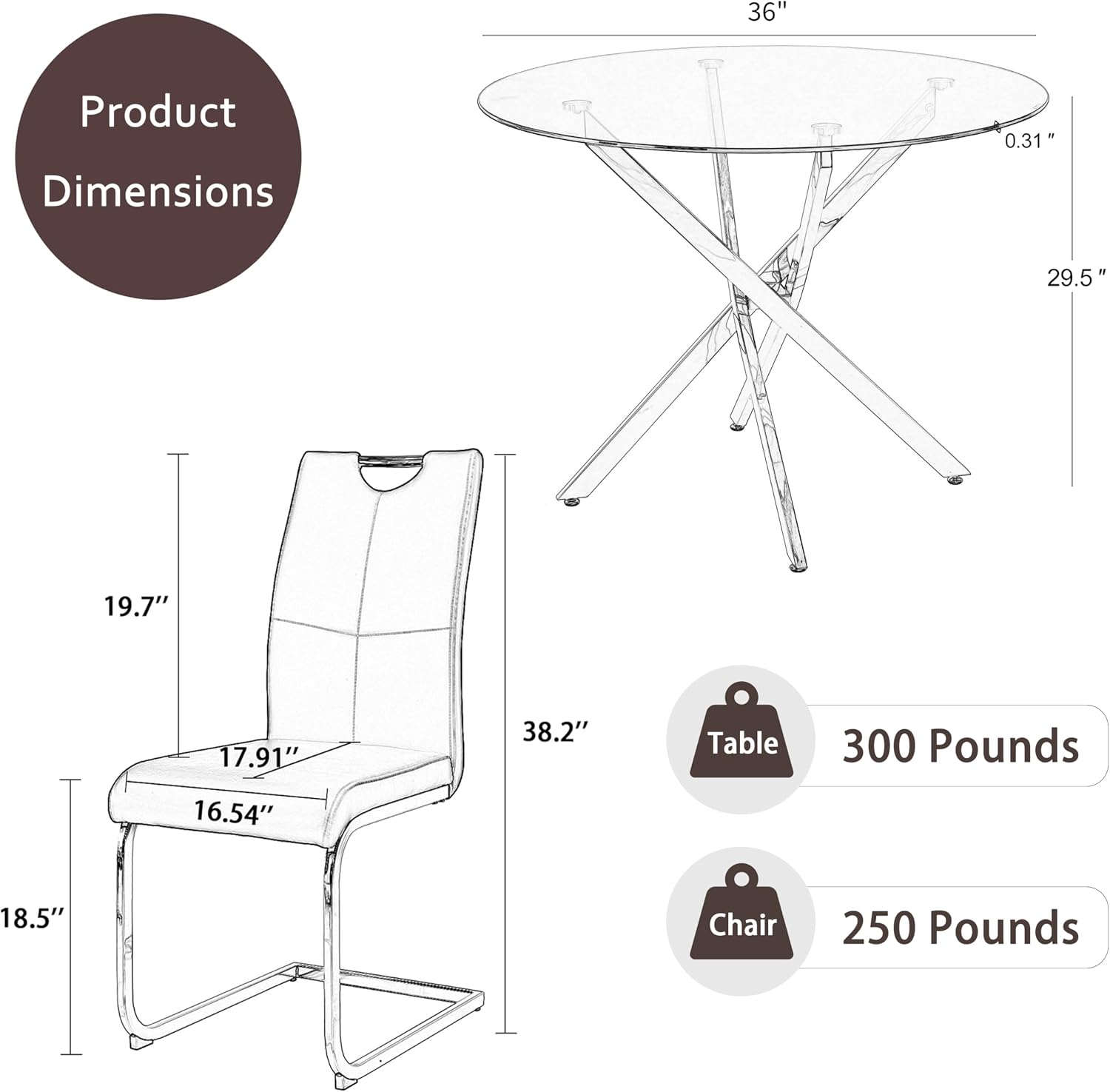 RGZ 3 Pieces Modern Round Kitchen Set, Clear Circle Glass Dining Table with Light Grey PU Faux Leather Chairs Set of 2, 36'' Small Luxury Circular Dinner Room Set, for Breakfast Nook Home (Silver)
